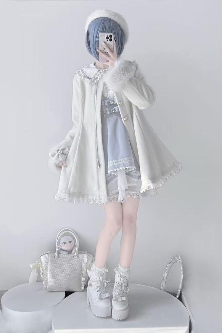 Ivory Long Sleeves Bowknot Rabbit Ears Detachable Hooded Japanese Jirai Kei Coat