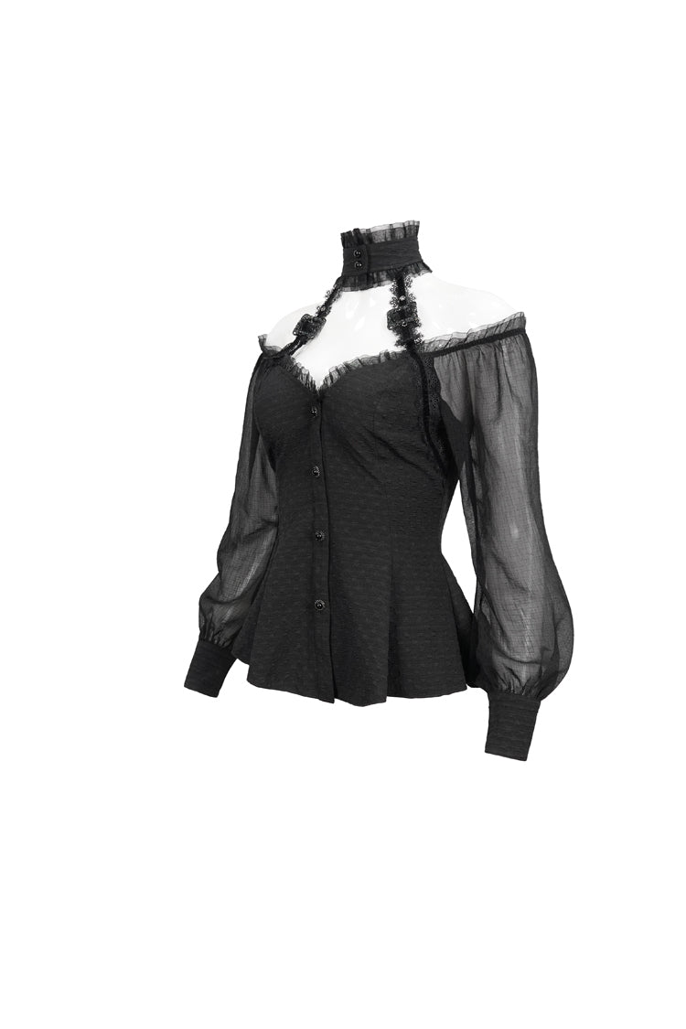 Schwarzes langärmliges Gothic-T-Shirt für Damen mit gewebtem Spitzenbesatz und verstellbarer Rückseite
