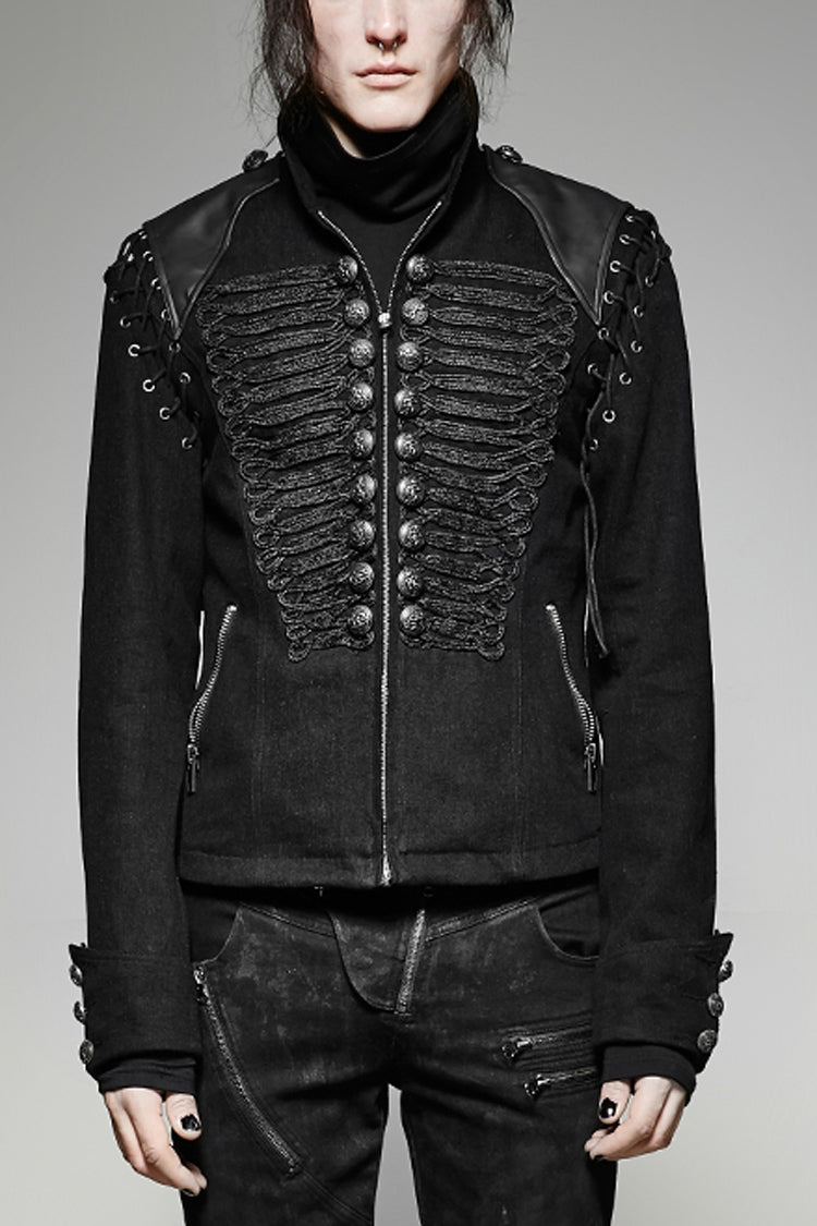 Black Metal Retro Button Decoration Long Sleeves Double Breasted Mens Steampunk Coat