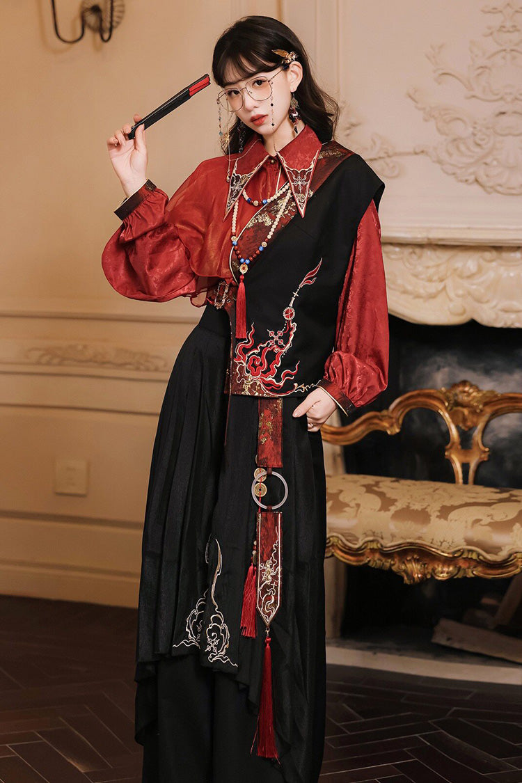 Schwarz/Rot [Ember] Spitzer Kragen, lange Ärmel, bestickte Quaste, chinesisch inspiriertes Damen-Set im Gothic-Ouji-Prinzen-Stil