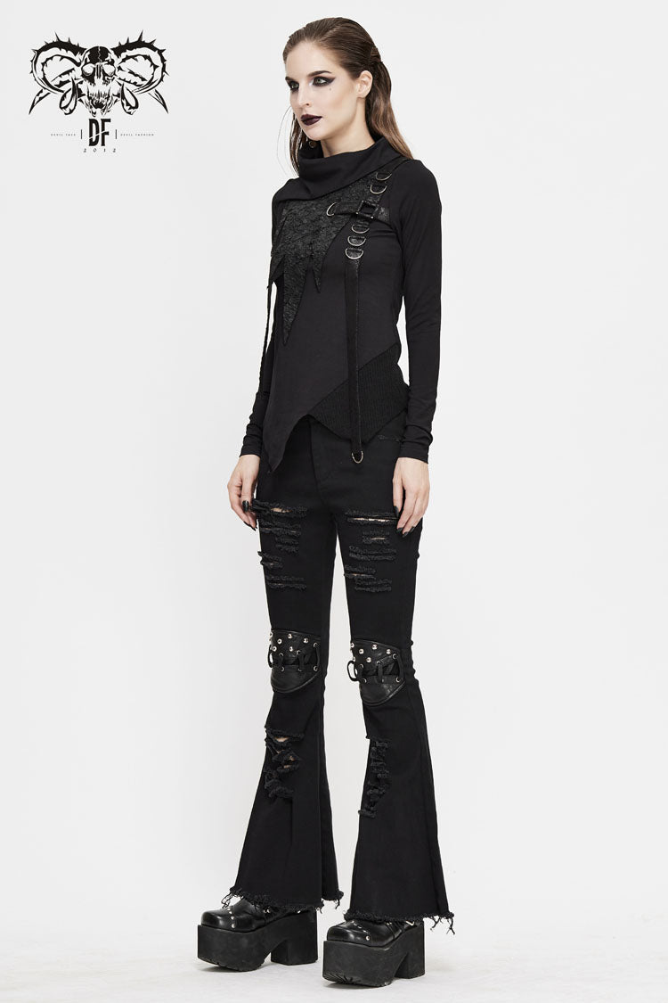 Black Worn Out Cross Shaped Hasp Long Sleeve High Collar Asymmetric Hem Women's Punk T-Shirt
