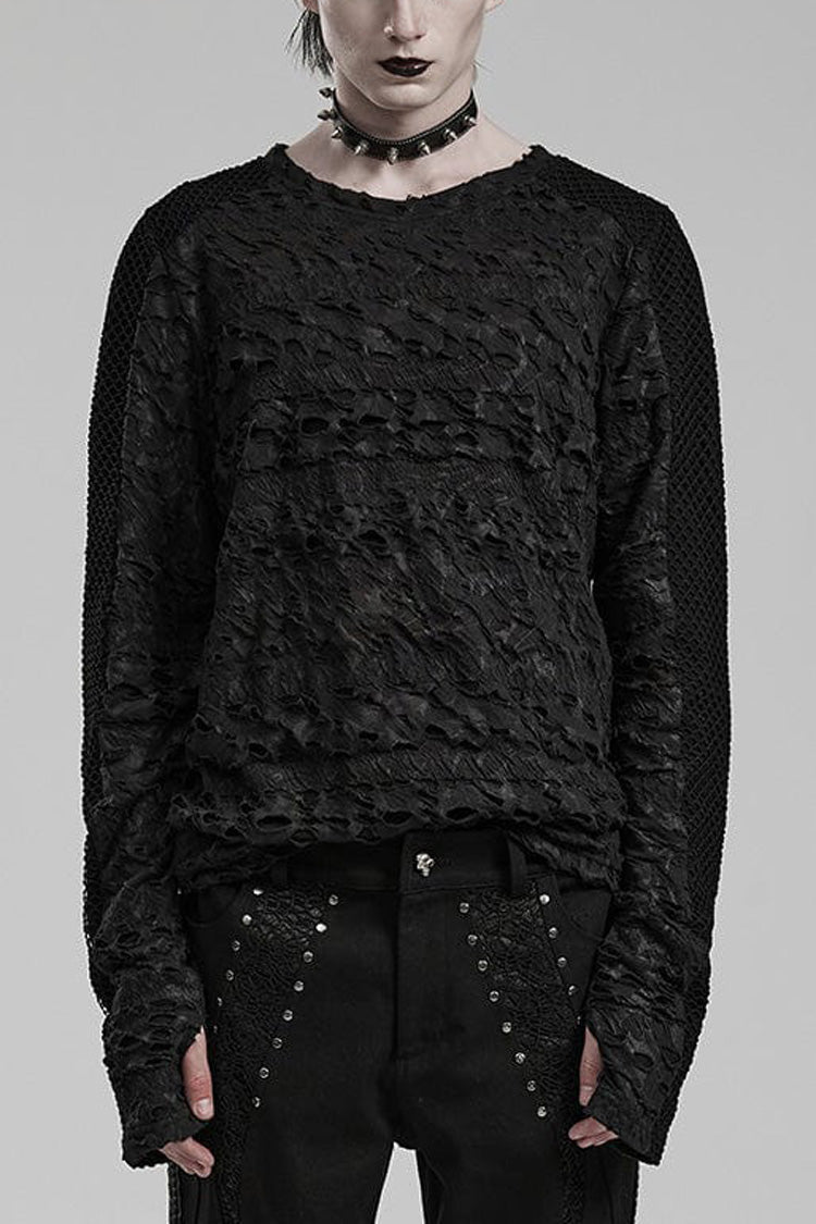 Black Long Sleeves Ripped Print Stitching Mens Gothic T-Shirt