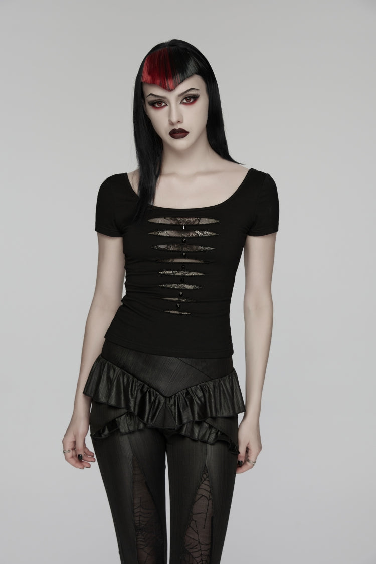 Schwarzes Damen-Punk-T-Shirt mit rundem Kragen, kurzen Ärmeln, schmalem, durchsichtigem, zerrissenem Nietenmuster