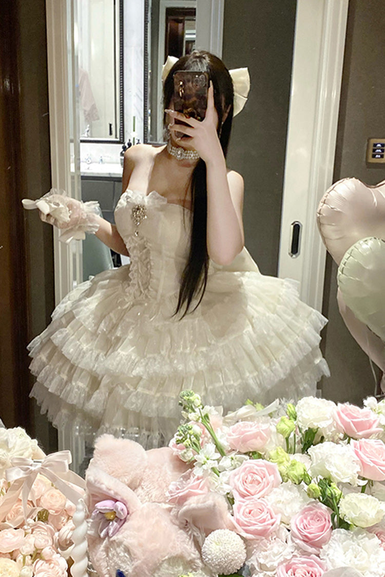 Beige [Heartbeat at First Sight] Off Shoulder Sleeveless Multi-Layered Ruffle Bowknot Lace Lace-Up Sweet Princess Gorgeous Lolita Dress