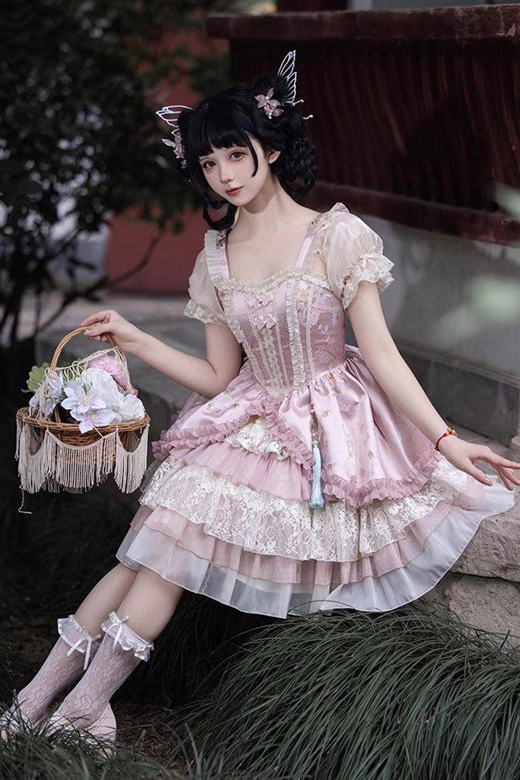 Pink Multi-Layered Ruffle Cardigan Lace Sweet Chinese Style Lolita Jsk Dress