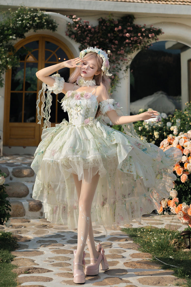Green [Spring Rose] Sleeveless Multi-Layered Bowknot Lace-Up Fishbone Sweet Lolita Jsk Dress