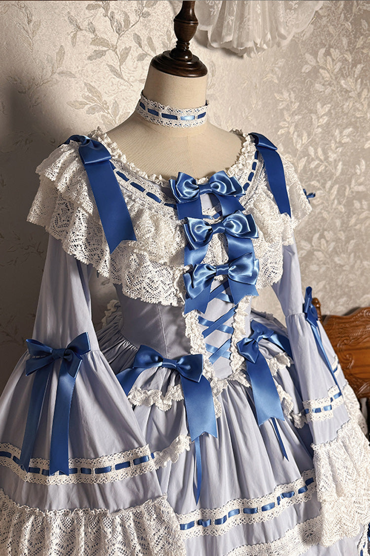 Blue/White [Rabbit Sleeping Doll] Long Trumpet Sleeves Ruffle Bowknot Lace Sweet Lolita Dress
