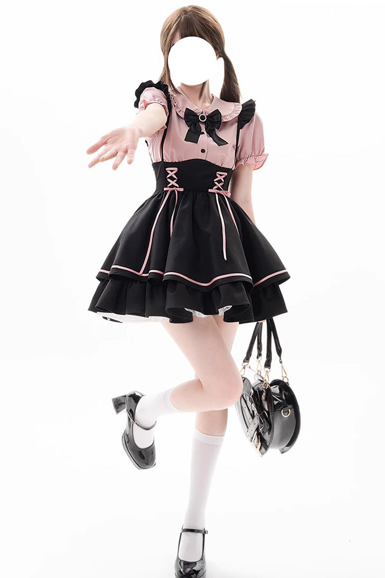 Noir/Rose Premier Sakura Manches Courtes Multi-couches Lacets Doux Jirai Kei Ensemble Japonais 