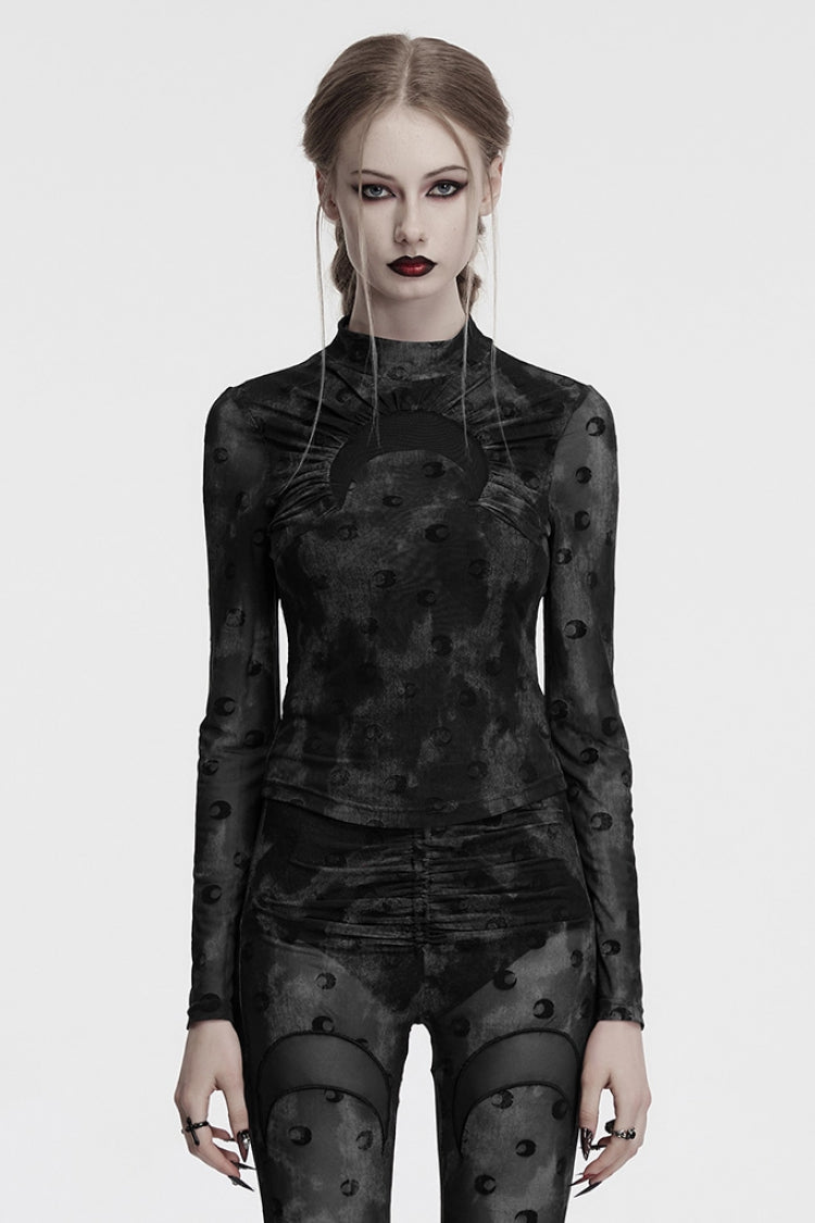 Grey Moon Print Mesh Ruched Women's Gothic Blouse