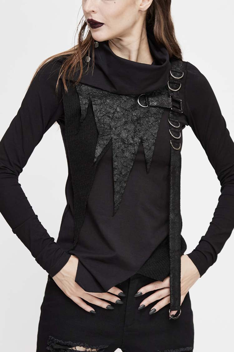 Black Worn Out Cross Shaped Hasp Long Sleeve High Collar Asymmetric Hem Women's Punk T-Shirt