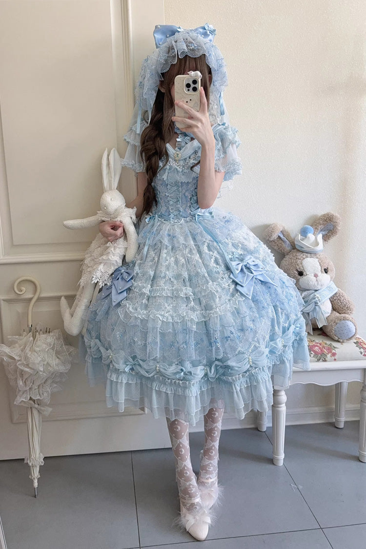 Blue Long Sleeves Hanayome Bow Lace-Up Sweet Gorgeous Lolita Dress with Train and Veil