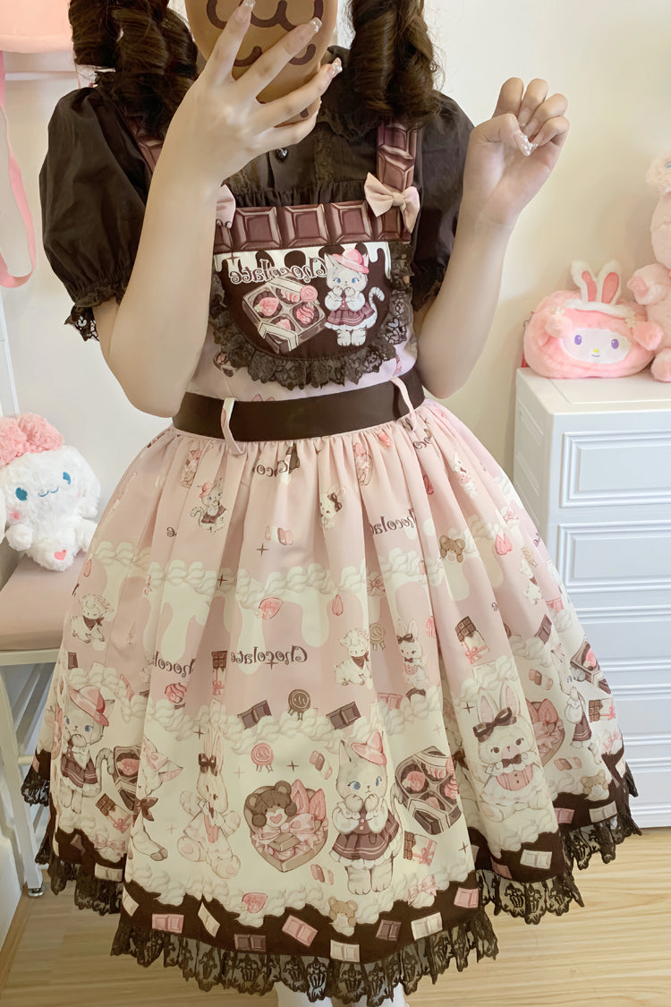 Chocolate Rosette Cat Print Bowknot Stitching Lace Sweet Lolita Jsk Dress 4 Colors