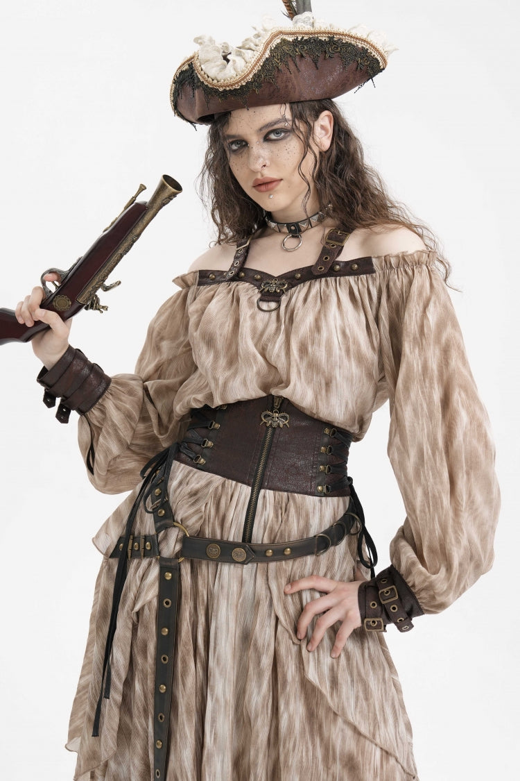 Apricot Buckle-up Halterneck Long Sleeves Women's Gothic Blouse