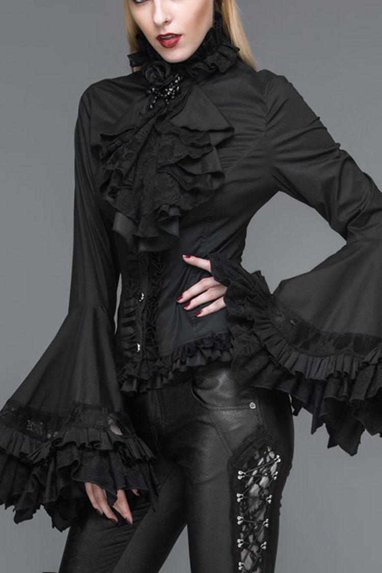Schwarze Vintage Rüschen mit Trompetenärmeln Damen Punk Blusen