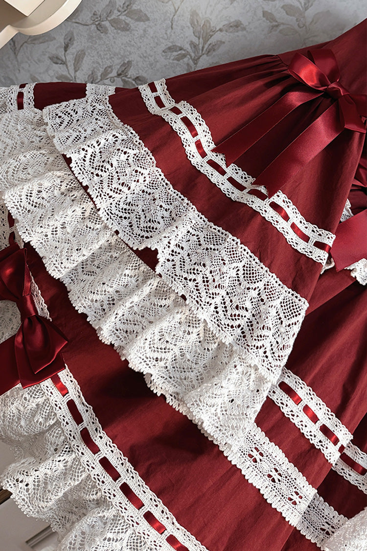 Wine Red [Rabbit Sleeping Doll] Long Trumpet Sleeves Ruffle Bowknot Lace Sweet Lolita Dress