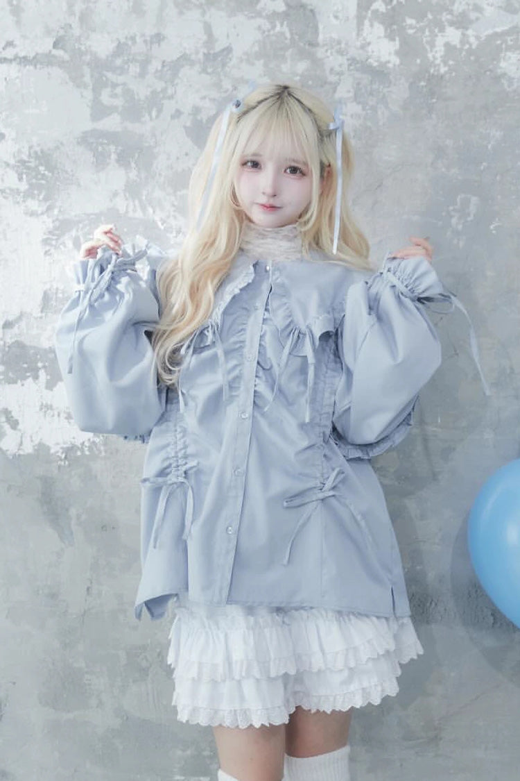 Doll Collar Long Sleeves Ruffle Bowknot Sweet Jirai Kei Japanese Blouse 3 Colors