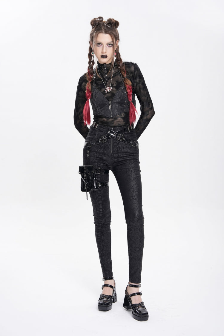 Black Print Buckle Straps Women's Punk Pants with Leg Bag