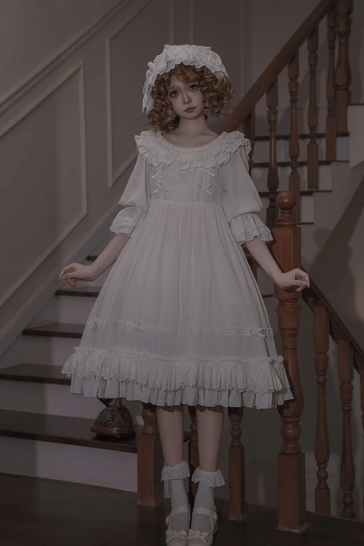 White [Good Morning] Short Sleeves Ruffle Bowknot Lace-Up Gothic Lolita Dress