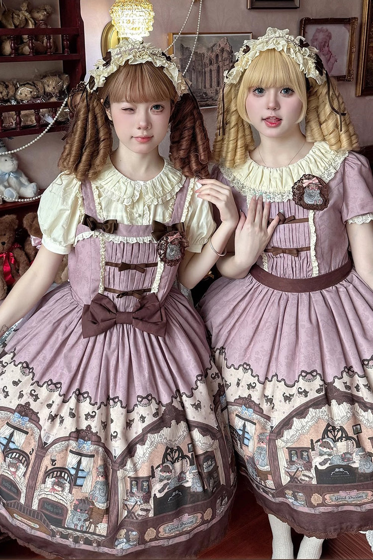 Pink/Purple Short Sleeves Bear Print Bowknot Classic Lolita Dress