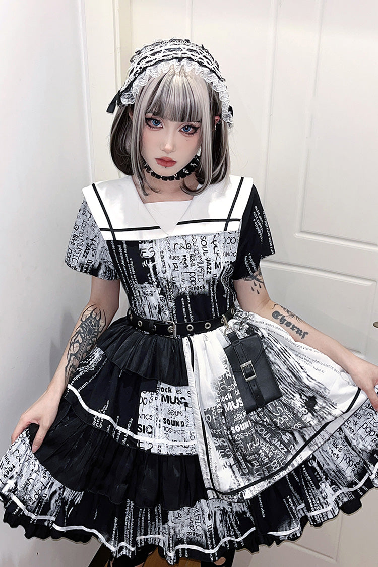 Black Short Sleeves Multi-Layered Print Ruffle Bowknot Asymmetric Punk College Style Lolita Dress