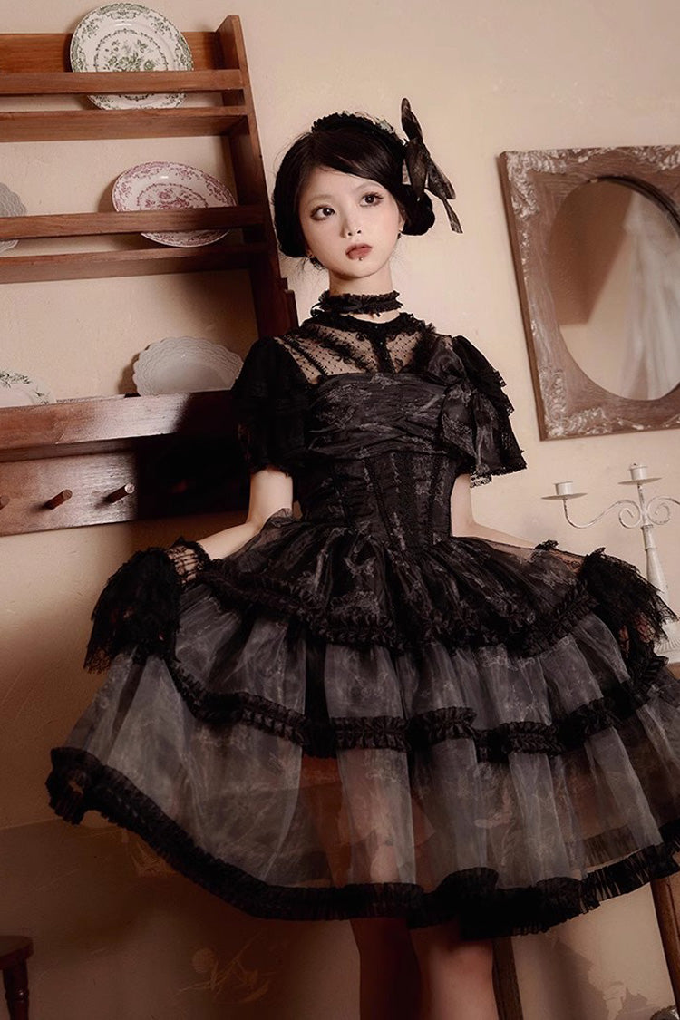 Black Multi-layer Butterfly Print Bowknot Lace Fish Bone Gothic Lolita Jsk Dress