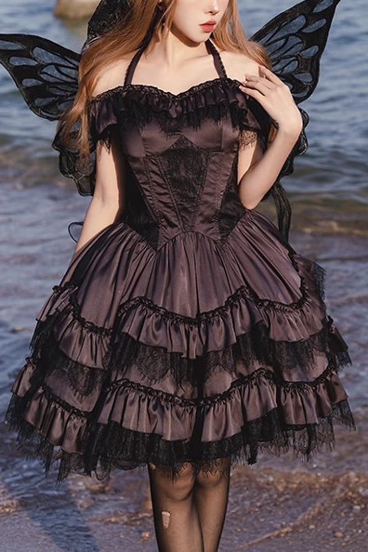 Black/Purple Silent Melody Ballet Style Halter Boat Neck Short Sleeves Gothic Lolita Dress