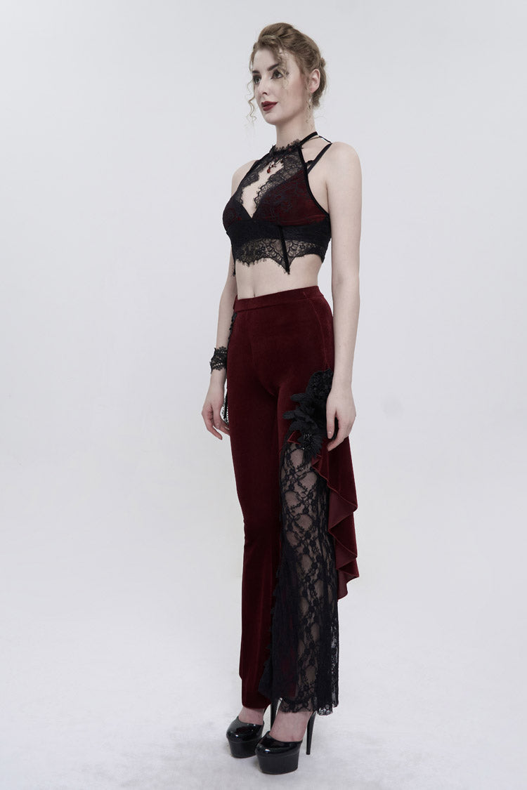 Red Velvet Single Side Stitching Rose Net Side Rope Decoration Asymmetric Pattern Flare Women's Gothic Pants