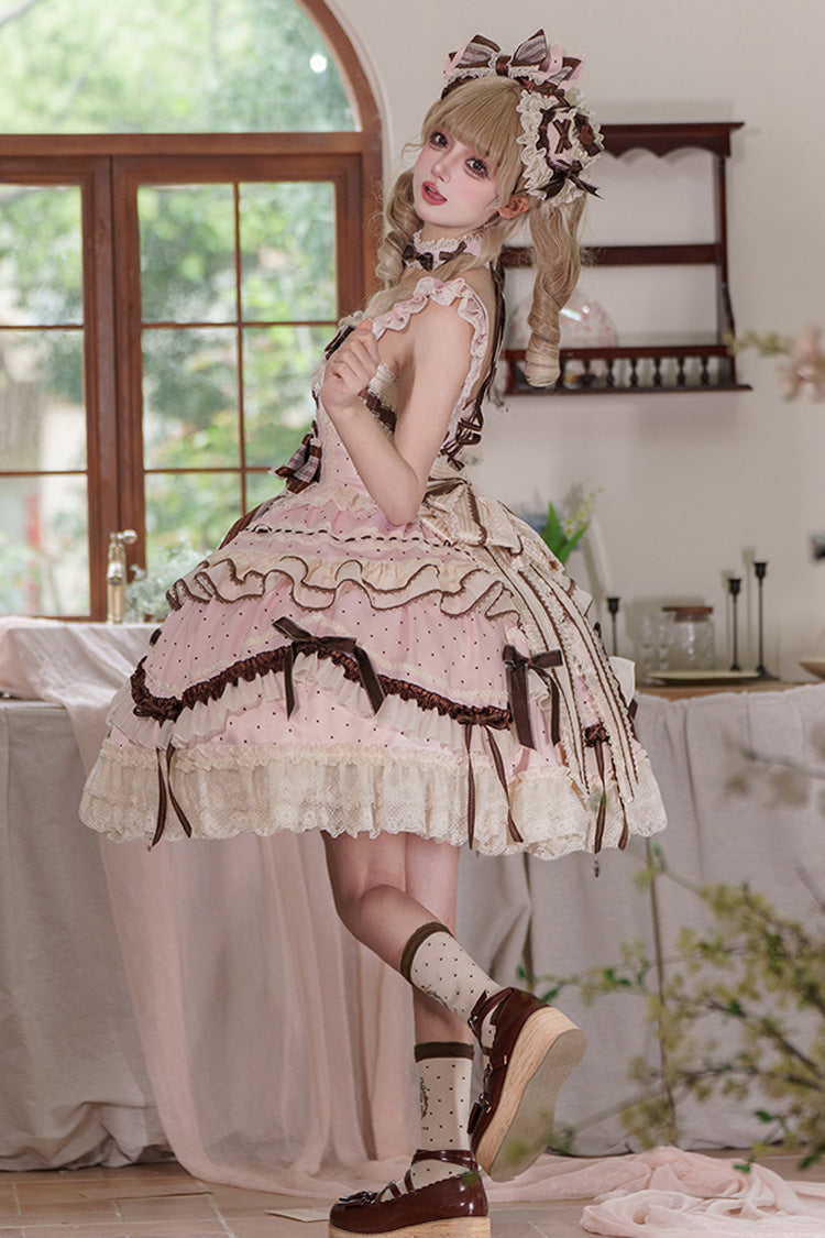 Pink [Shengqiao Tata] Sleeveless Print Ruffle Bowknot Lace-Up Sweet Elegant Lolita Jsk Dress