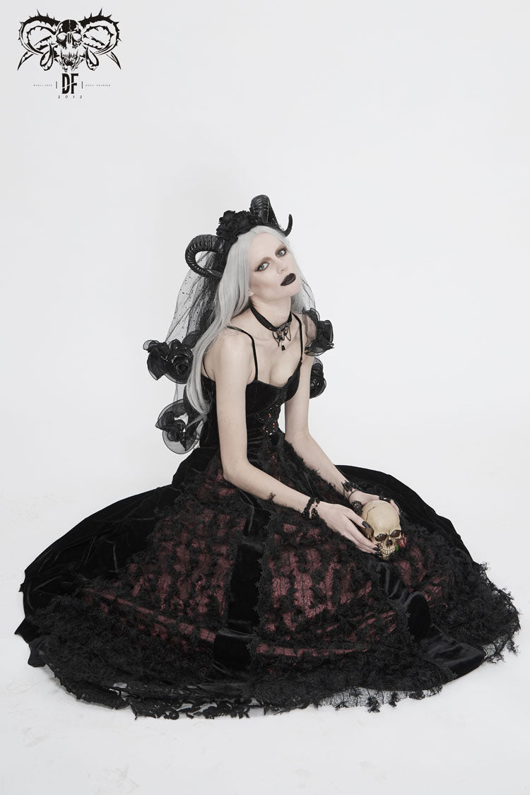 Red Front Chest Decals Dense Velvet Long Women's Gothic Sling Dress