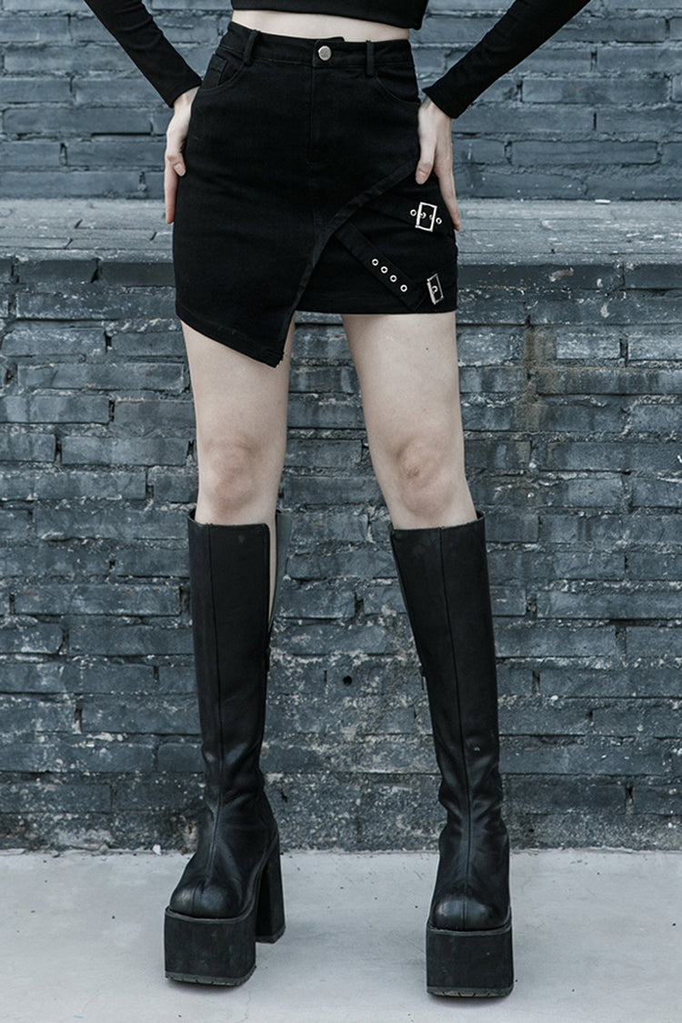 ブラックメタルスラントバックルループ装飾イレギュラーヘムデニムレディースパンクスカート