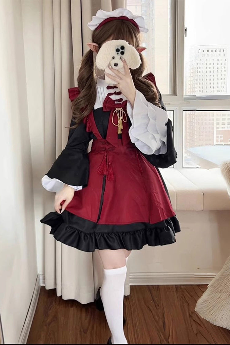 黒/赤のメイドロングトランペットスリーブフリル蝶結びクラシックプラスサイズ中国風ロリータドレスフルセット