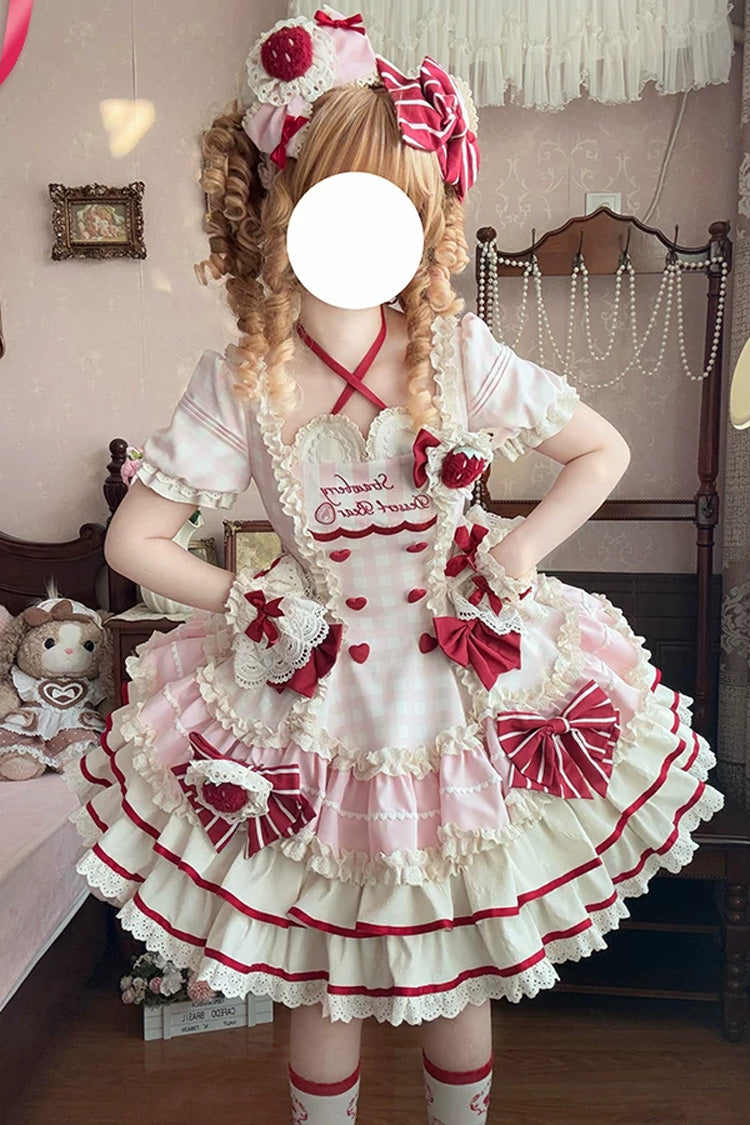 Rosa [Sweetheart Strawberry Bunny] Dreilagiges, bedrucktes, gerüschtes, kurzärmeliges Lolita-Kleid mit quadratischem Kragen und kurzen Ärmeln