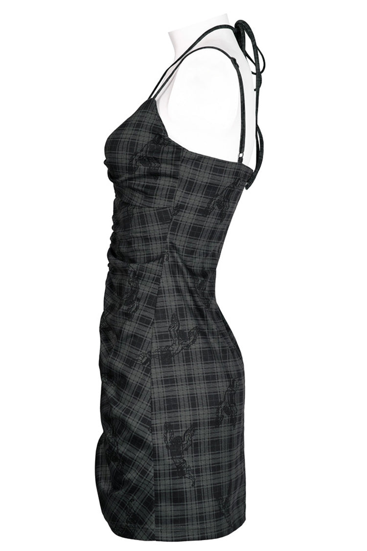 Grey Knitted Stretch Hollow-Carved Design Drawstring Bodycon Shoulder Strap Halter Neck Women's Punk Dress