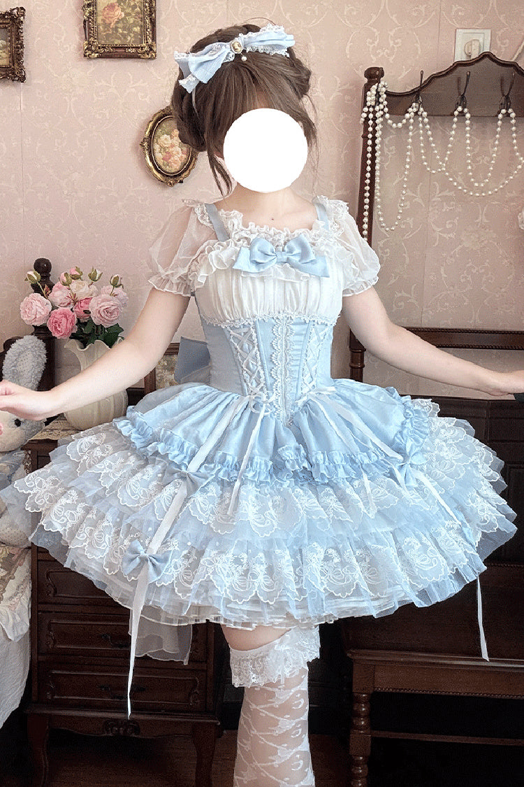 Blue [Dance of Time] Sleeveless Triple-Layered Ruffle Bowknot Lace Lace-Up Sweet Ballet Lolita Jsk Dress