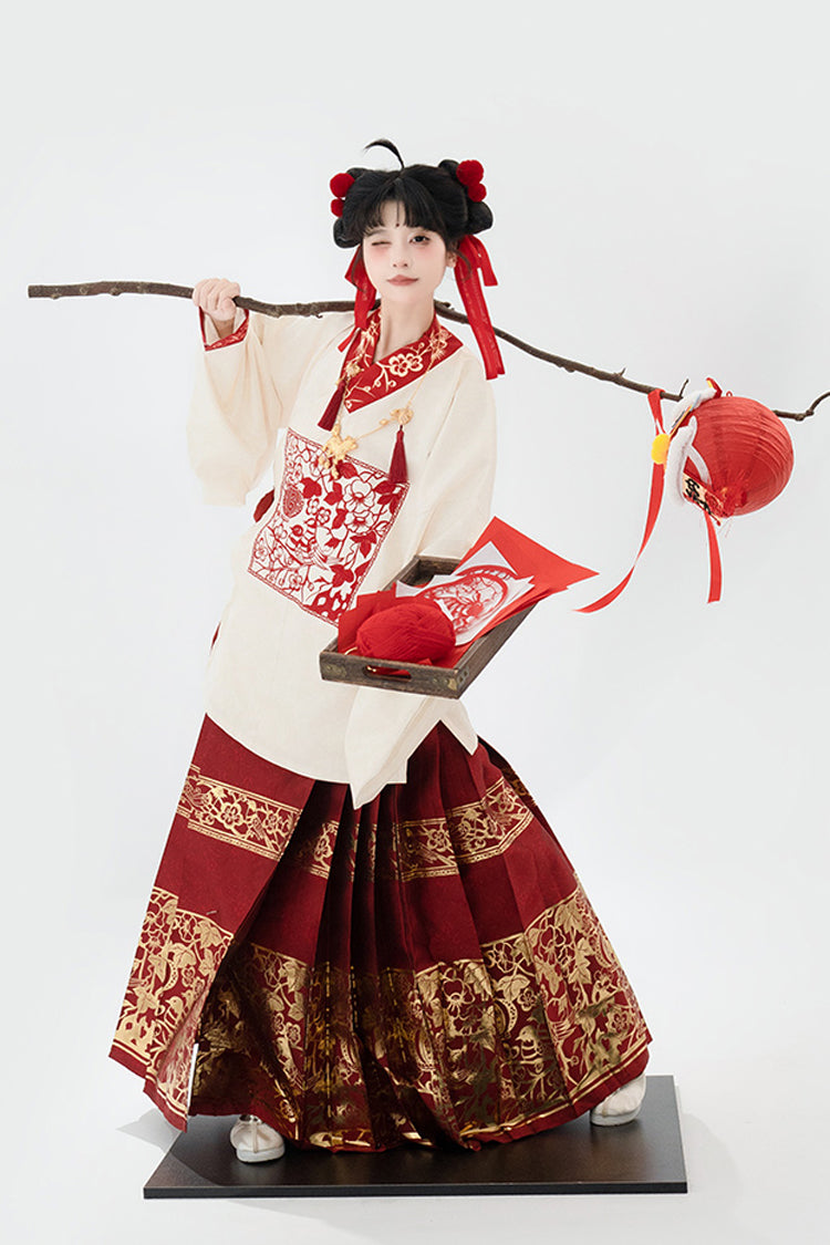 Red/Apricot V Collar Lantern Sleeves High Waisted Print Hot Stamping Women's Sweet Classic Hanfu Two Piece