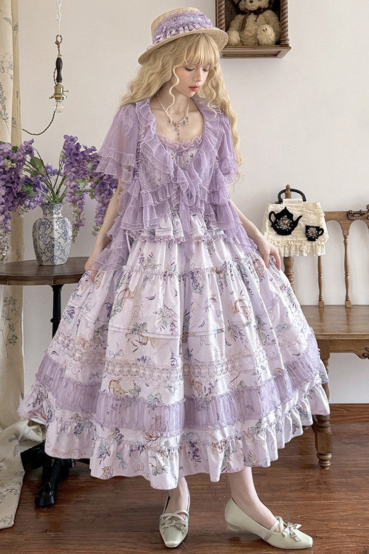 Purple [Pea Squirrel] Sleeveless Multi-Layered Pastoral Print Ruffle Embroidery Lace Sweet Elegant Lolita Jsk Dress