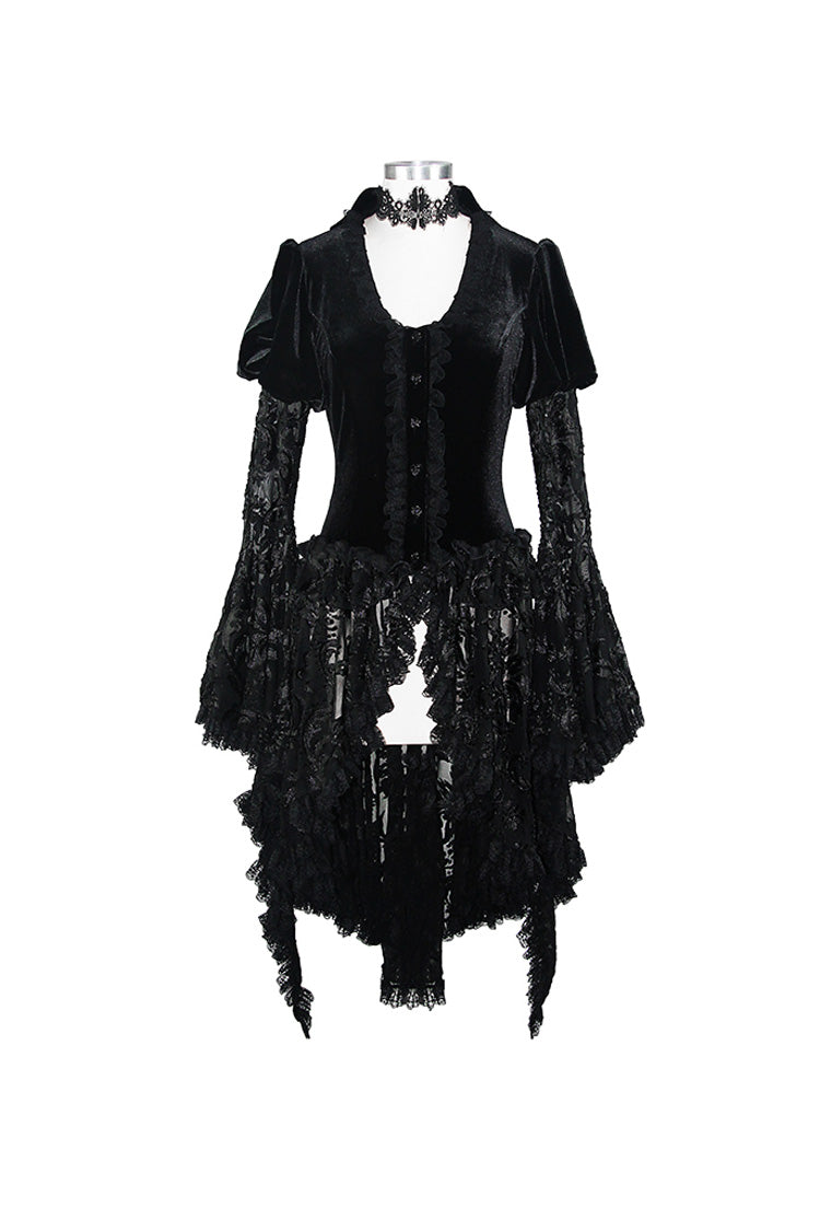 Black Metal Buckle Collar Front Chest Hollow-Out Flare Sleeve Lace Cuff Dress Hem Women's Gothic Coat