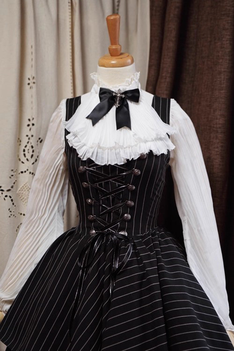 Black Sleeveless Striped Print Lace-Up Irregular Hem Gothic Lolita Dress