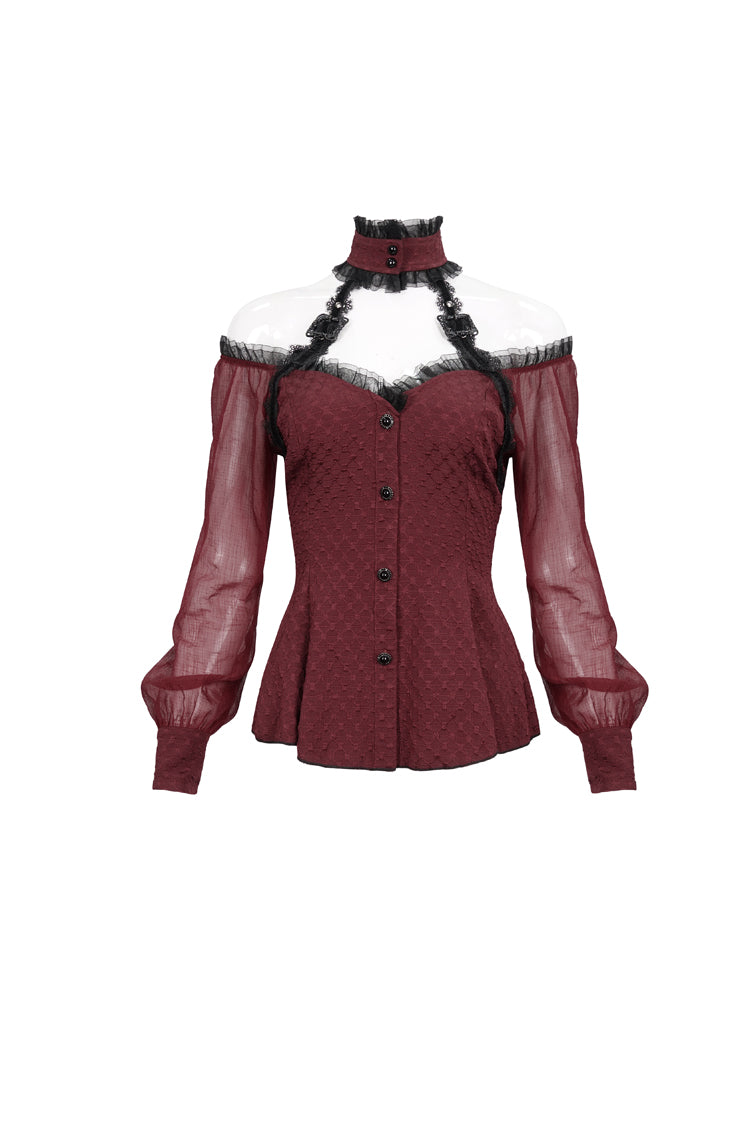 Red Lace Trim Panel Adjustable Back Long Sleeve Women's Gothic Shirt