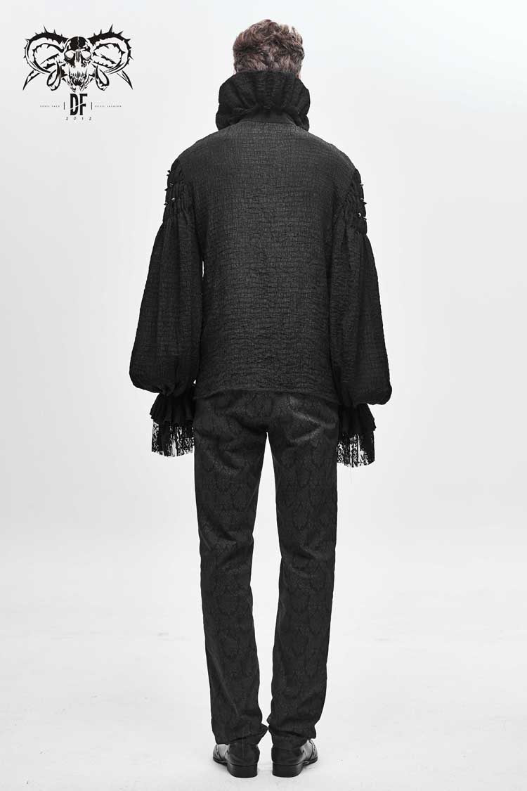 Black High Collar Chiffon Chest Frilly Beading Long Sleeve Lace Cuff Men's Gothic Shirt