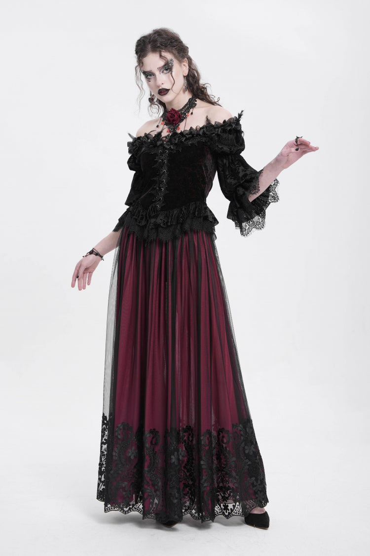 Red Off Shoulder Long Sleeves Ruffle Embroidery Lace-Up Women's Gothic Blouse