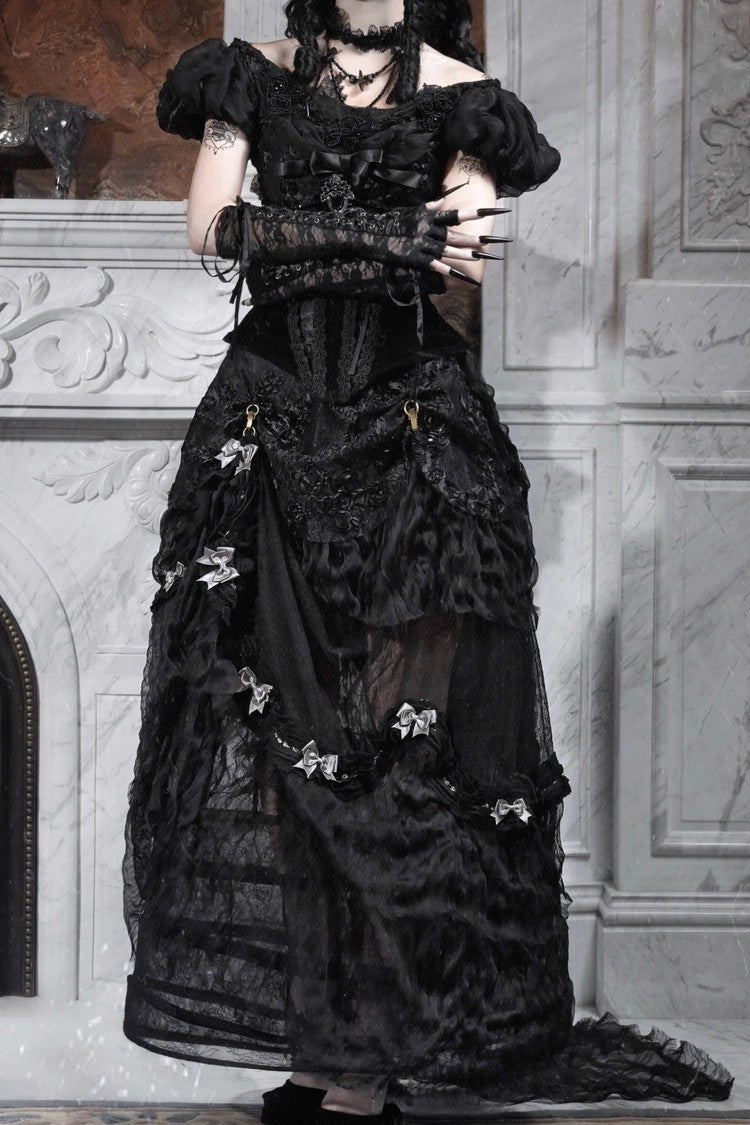 Black [Cupid’s Magic Box] Basel French Ruffle Embroidery Bowknot Lace Gothic Elegant Lolita Long Skirt
