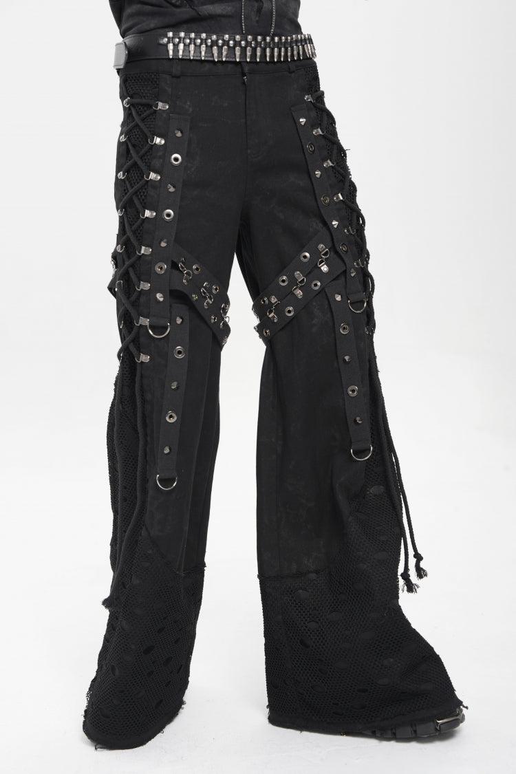 Black Spliced Lace-Up Mesh Ripped Men's Punk Baggy Pants