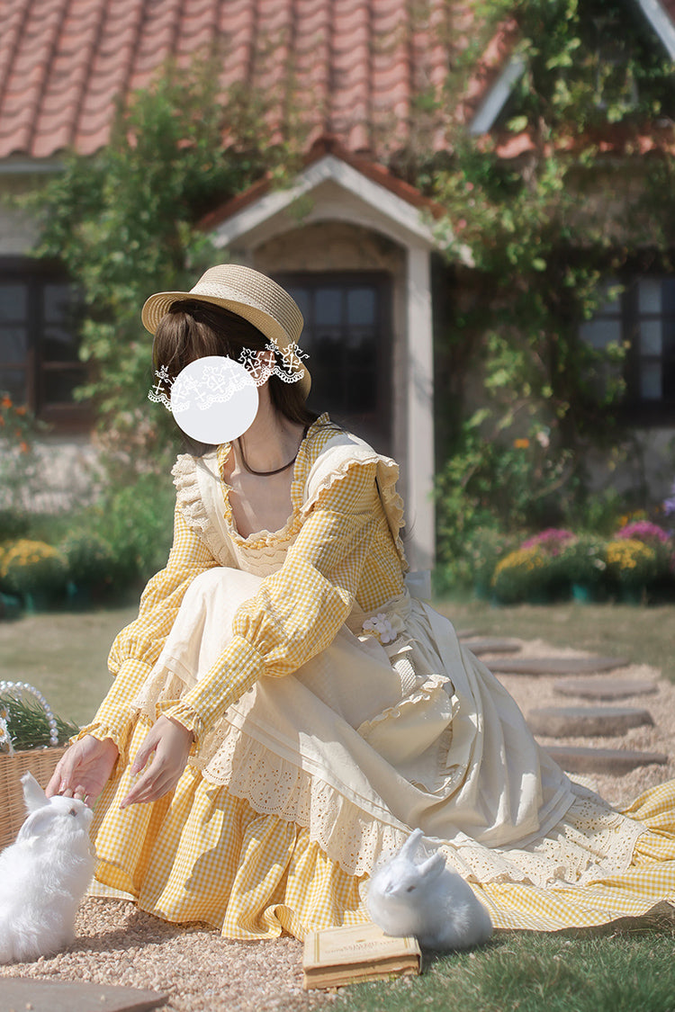 Yellow Long Sleeves Print Ruffle Lace-Up Sweet Elegant Lolita Dress