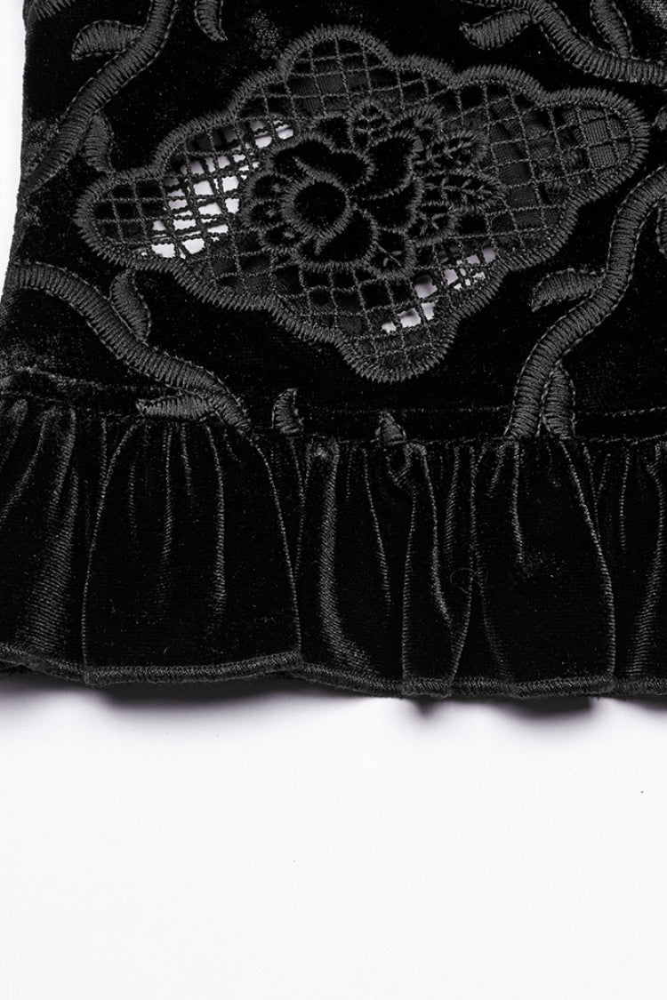Blouse gothique noire à manches longues avec volants et broderie florale pour femmes 