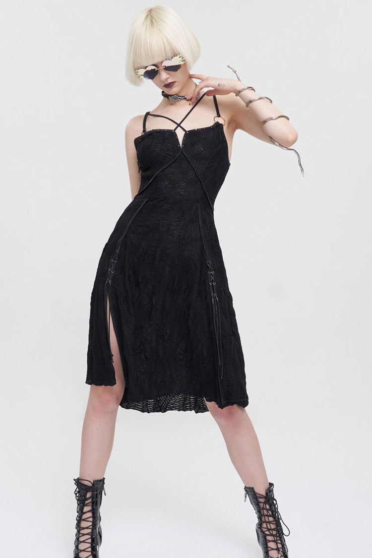 Black Punk Suspenders Slit Hem Wave Stretch Fabrics Women's Dress