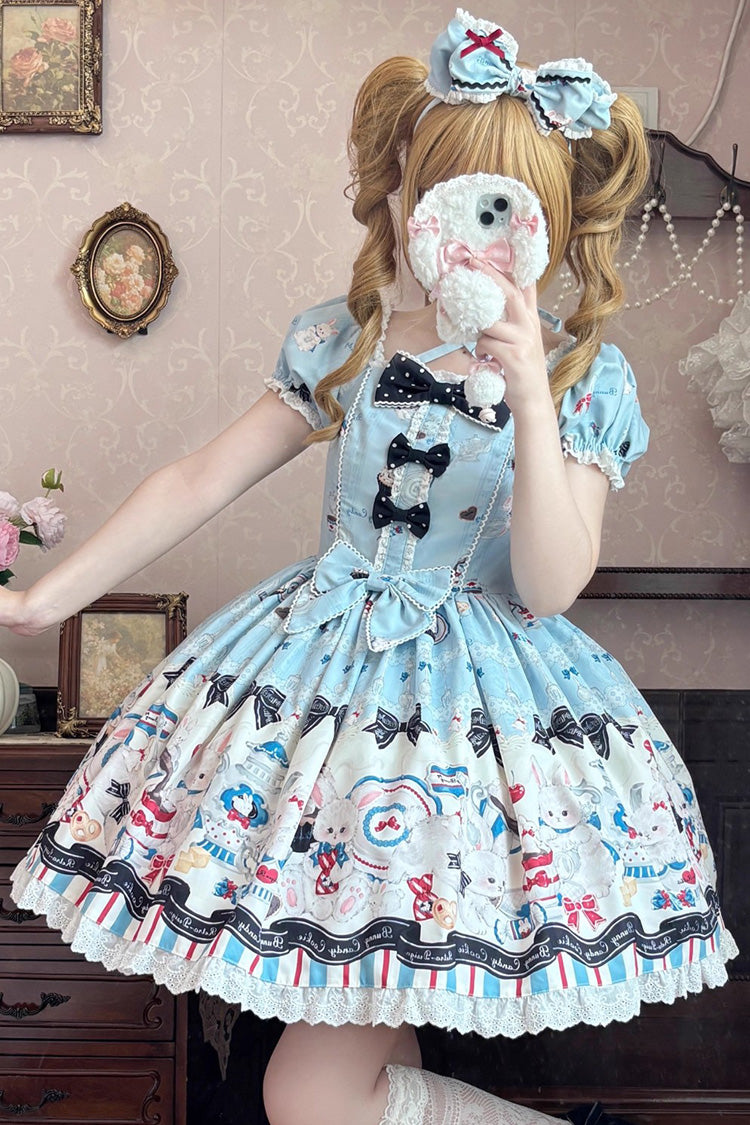 Blue [Mystery Rabbit Tea Party] Square Collar Short Sleeves Print Ruffle Bowknot Lace Sweet Lolita Dress