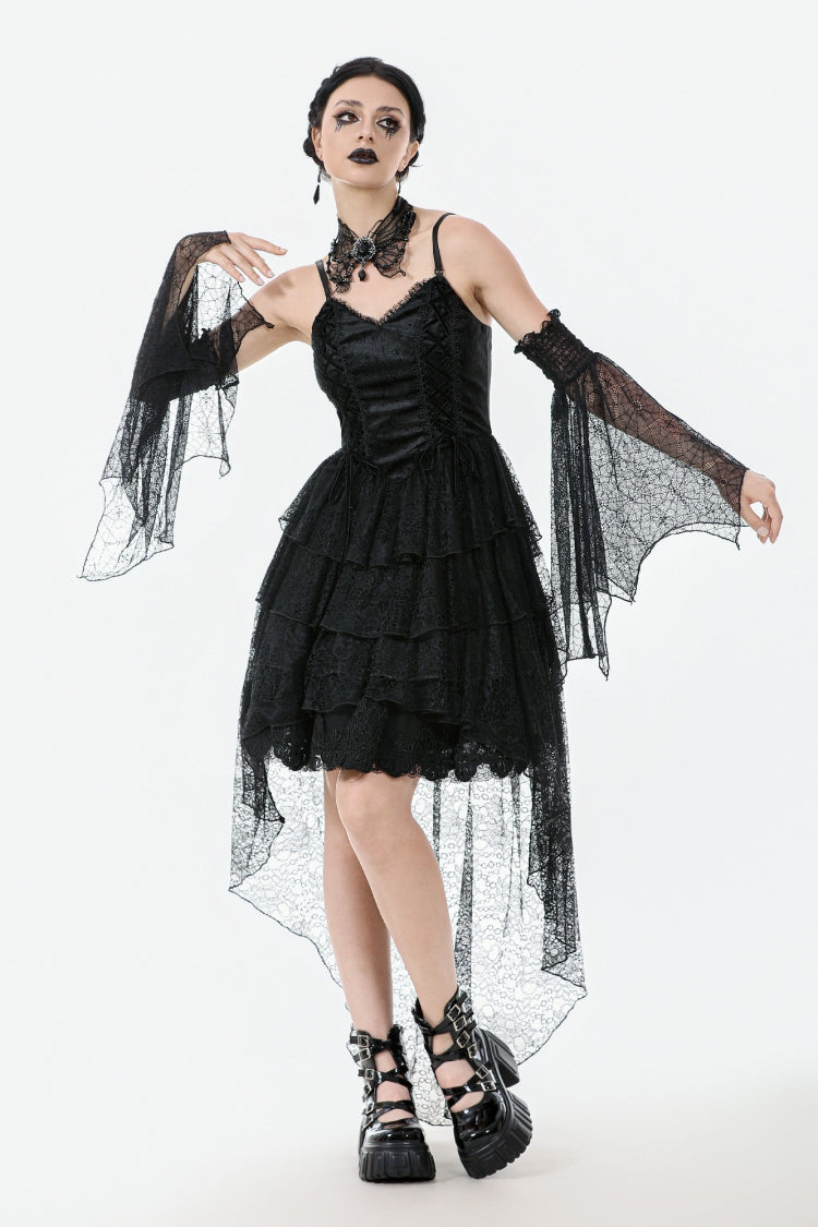 Black Sleeveless Multi-Layered Lace Women's Gothic Fishtail Slip Dress Graduation Dress Black Sleeveless Multi-Layered Lace Women's Gothic Fishtail Slip Dress Graduation Dress