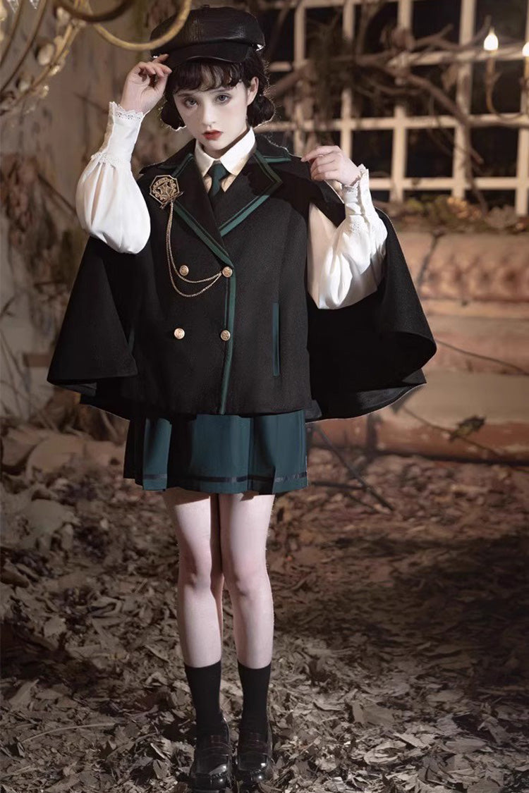 Black/Green Magic Academy Lapel Collar Gothic Vintage College Style Lolita Skirt Full Set