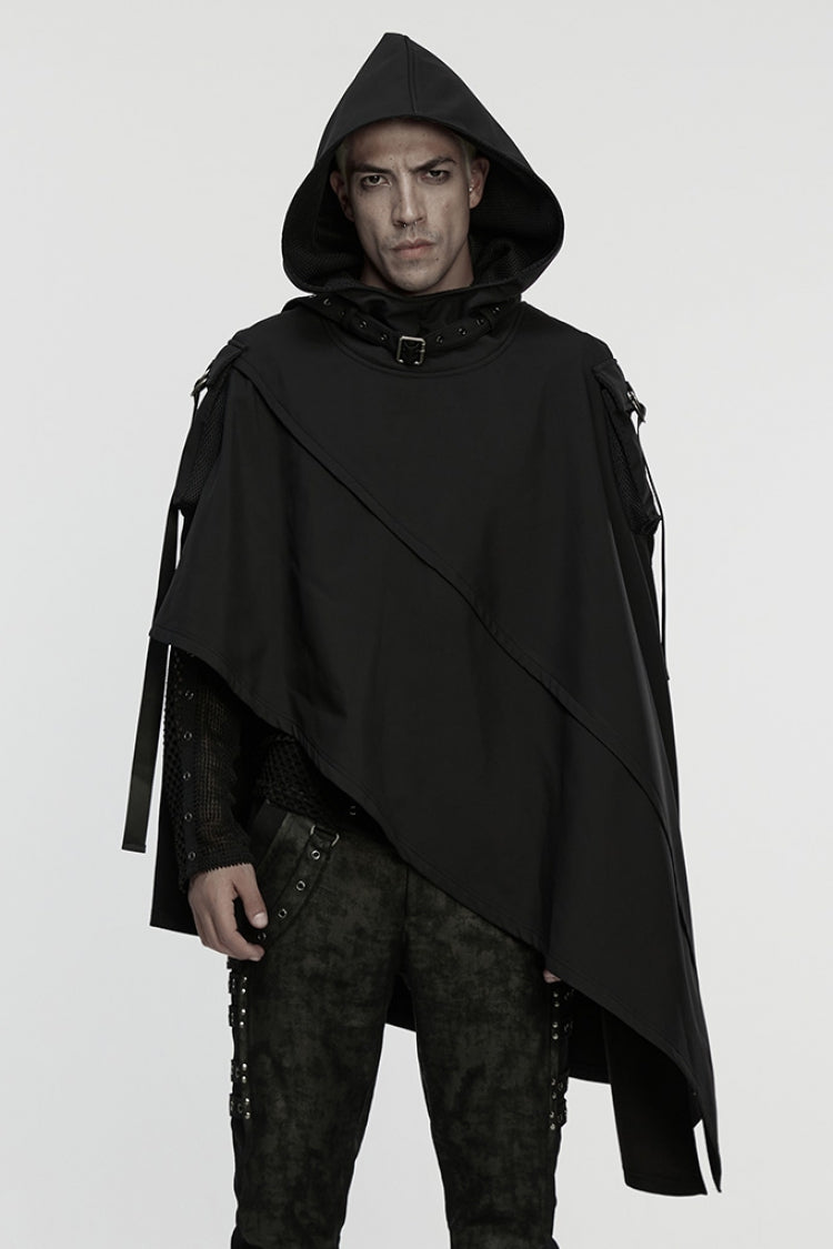Black Irregular Hooded Buckle Straps Men's Punk Cloak